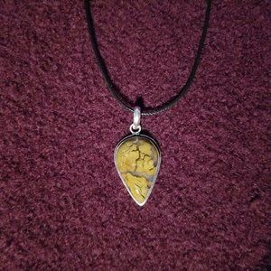 Golden brown moss agate pendant, silver plate on a black cord, artisan, new